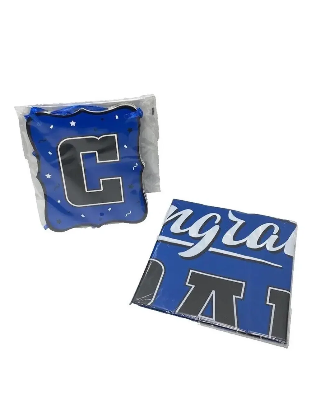 BLUE Congrats Grad Banner & Rectangular Table Cloth Graduation Party Decor